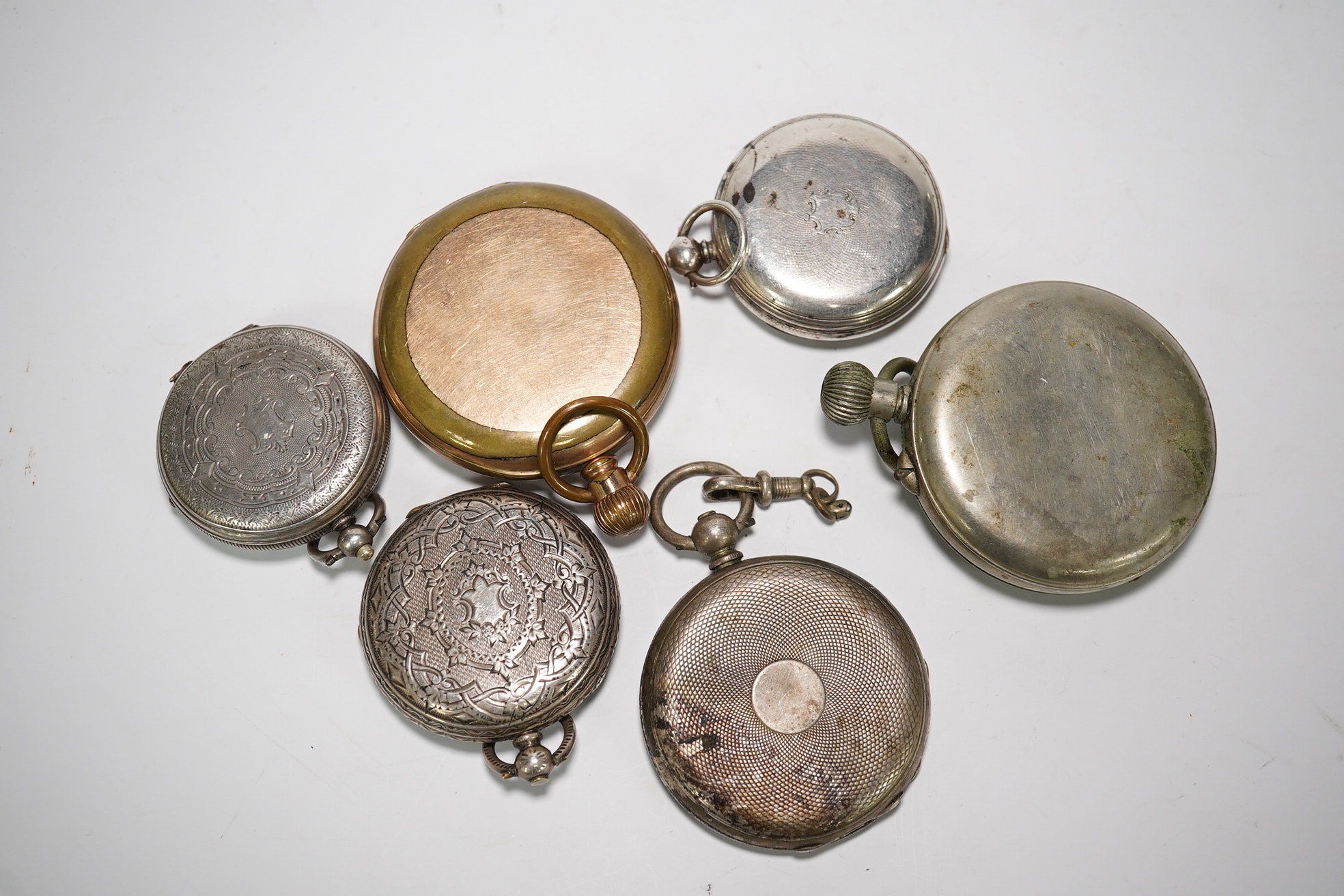 Four assorted white metal pocket watches and two other base metal pocket watches. Condition - poor to fair